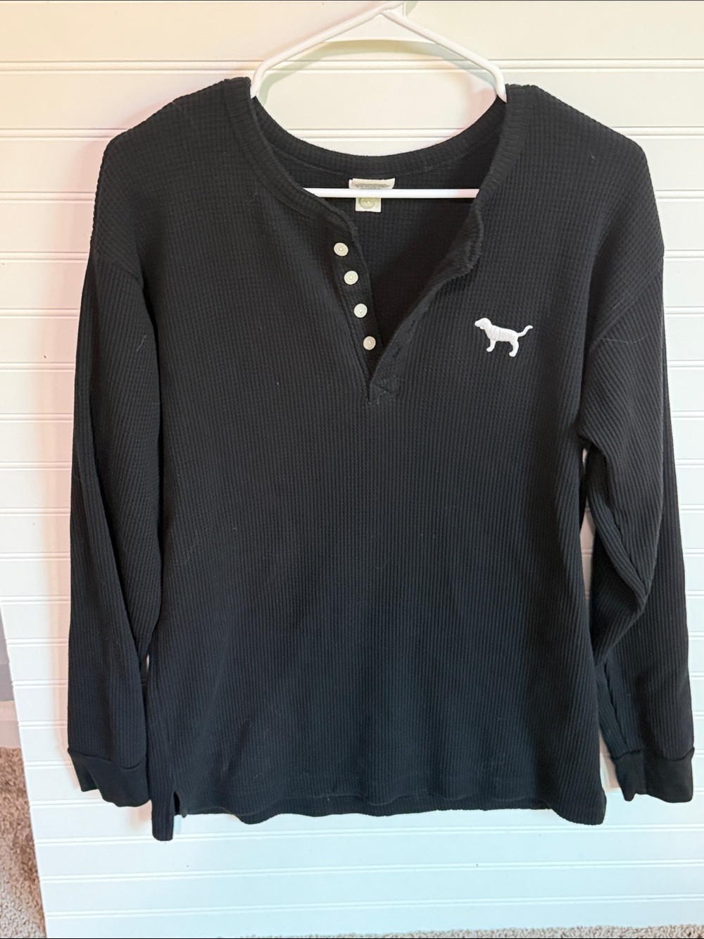 PINK Victoria's Secret Black Waffle Long-Sleeve Henley with Dog Logo